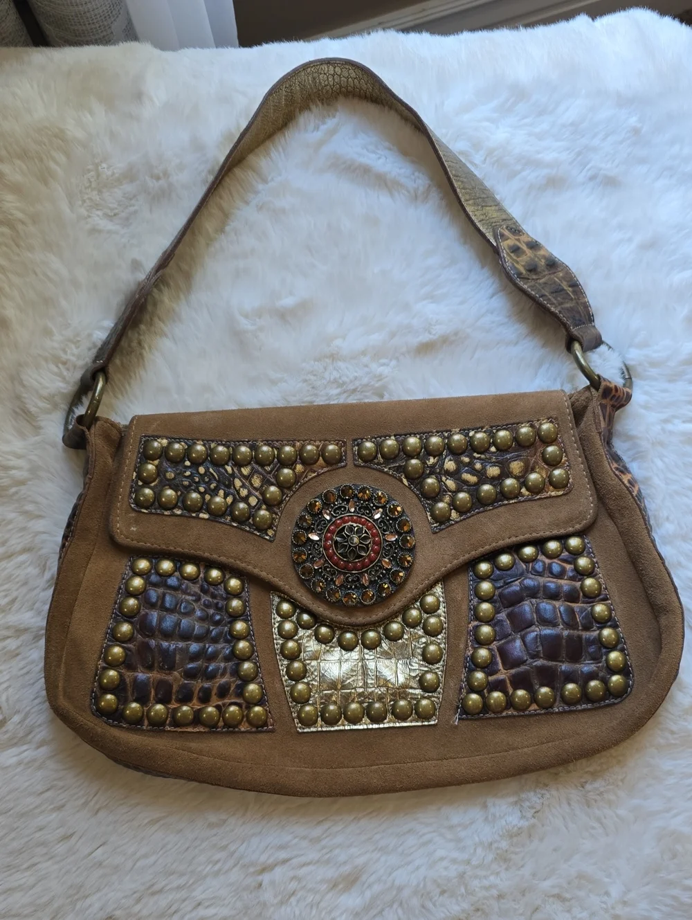 Studded Suede Shoulder Bag in Brown and Gold